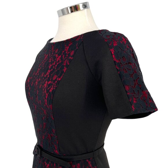 David Meister Black Red Lace A-Line Short Sleeve Dress Size 2 - Picture 4 of 11